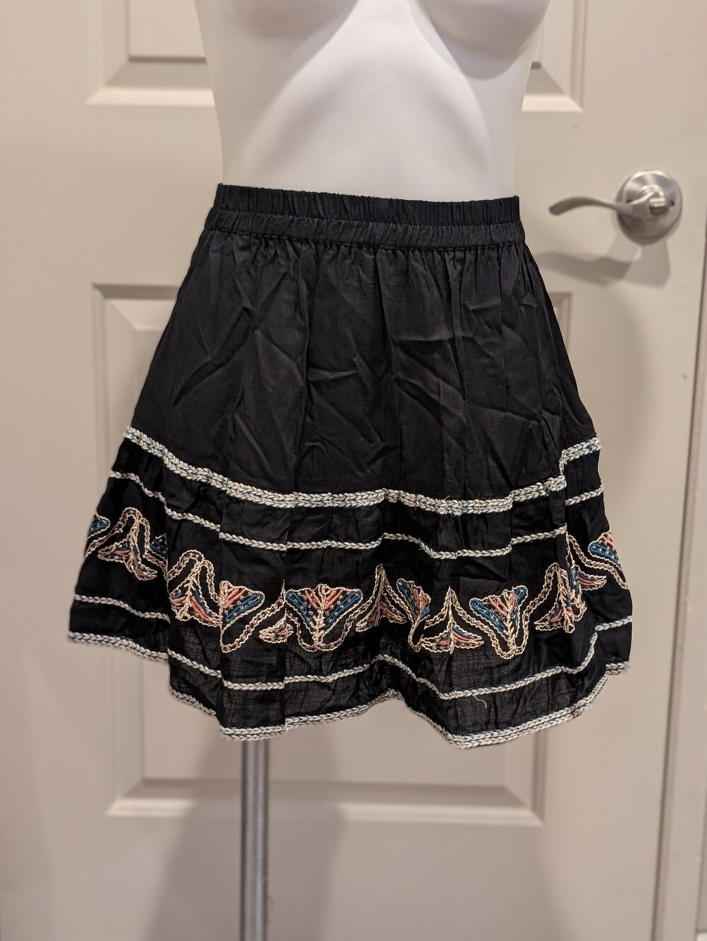 NKN Nekane Black Embroidered Rayon Circle Mini Skirt with Contrast Trim